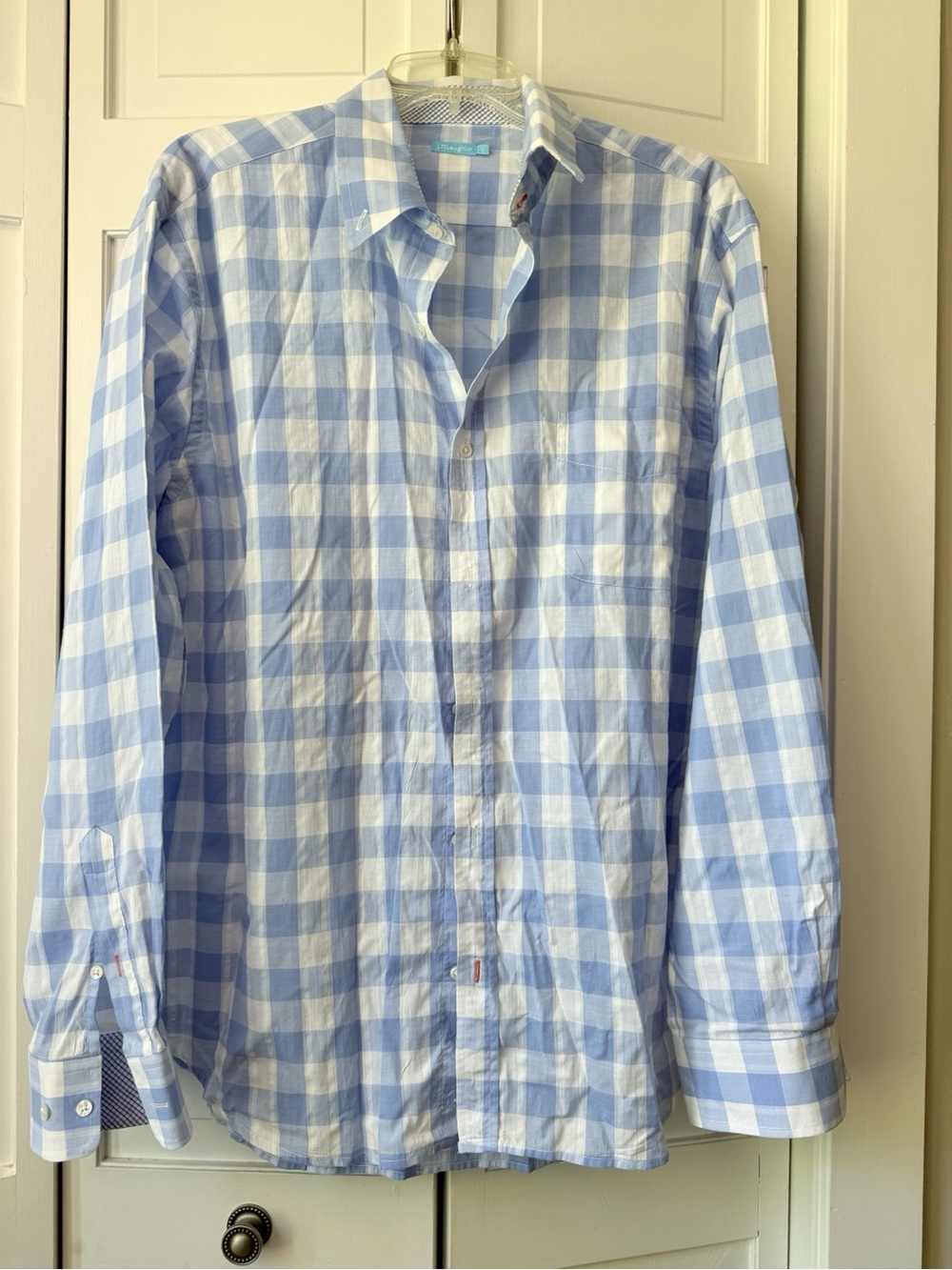J McLaughlin Large L Men's Light Blue and White Check Button-Down Shirt